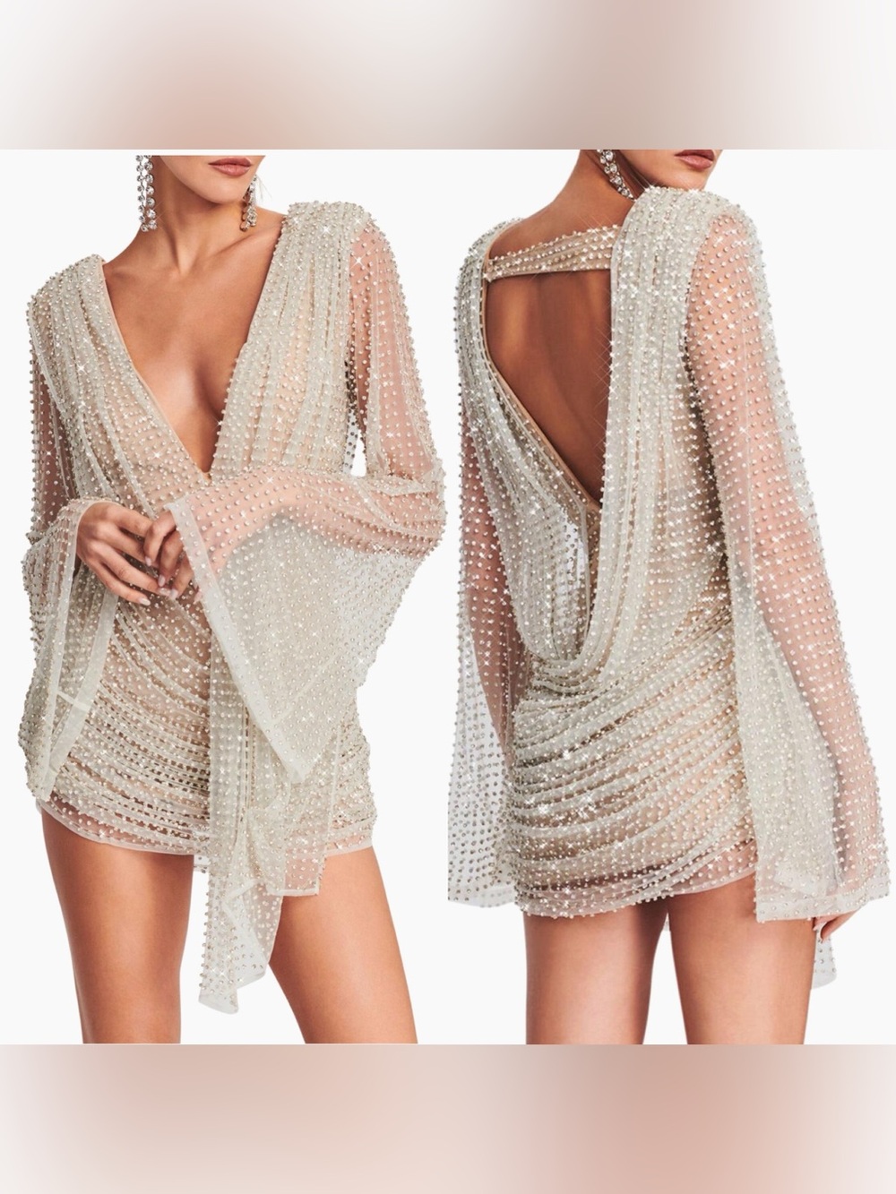 Retrofête x May Mashiah Opal Crystal Embellished Mini Dress Nude Silver Size XL